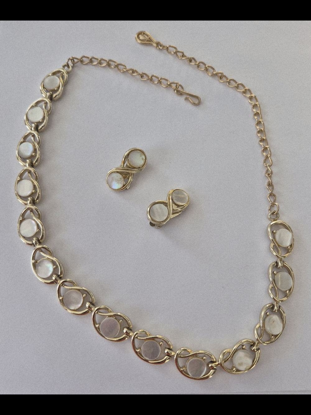 Gold Tone Opal Link Necklace and Clip-On Earrings Set